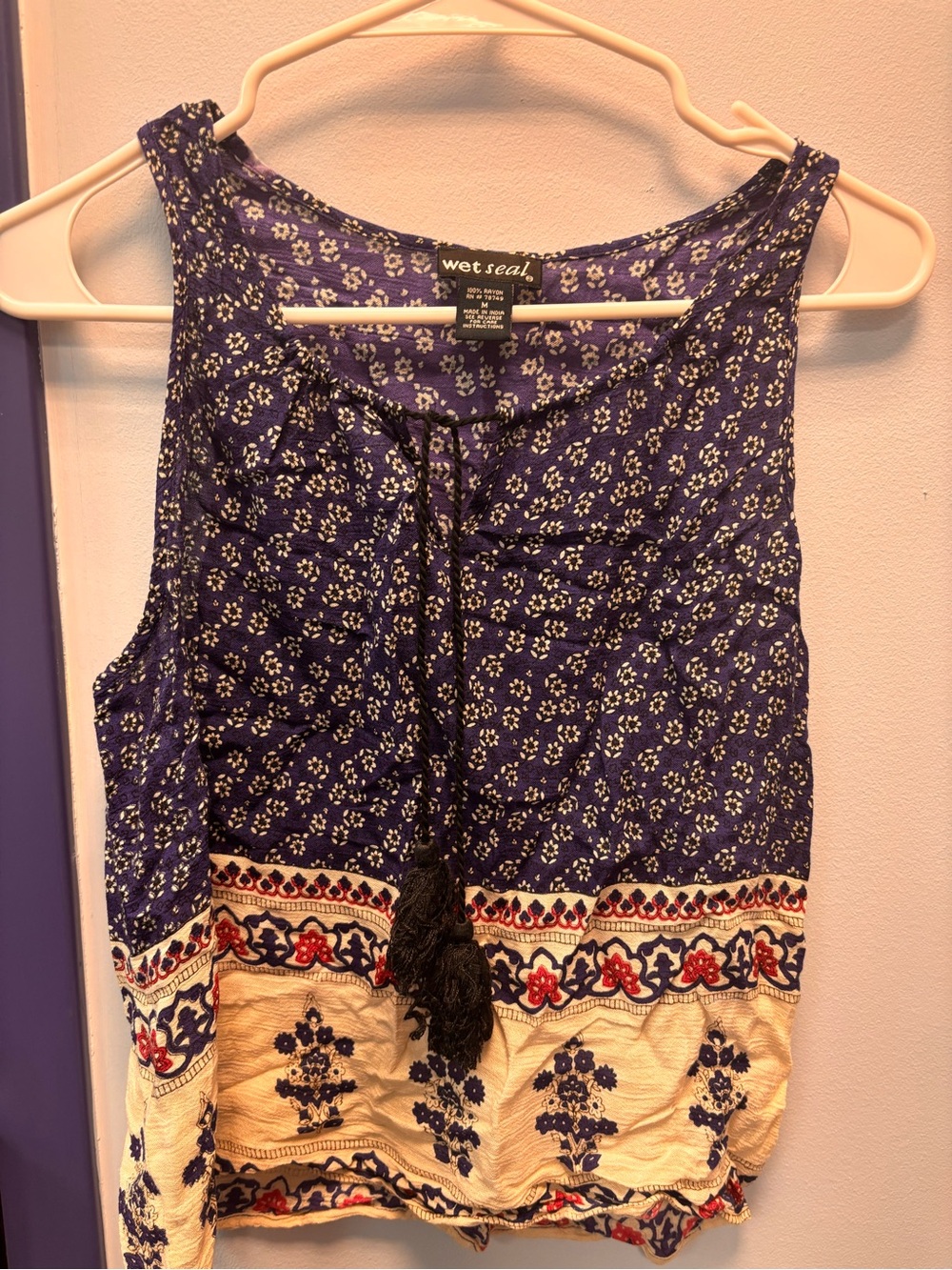 Wet Seal Navy Blue & Cream Printed Sleeveless Tank